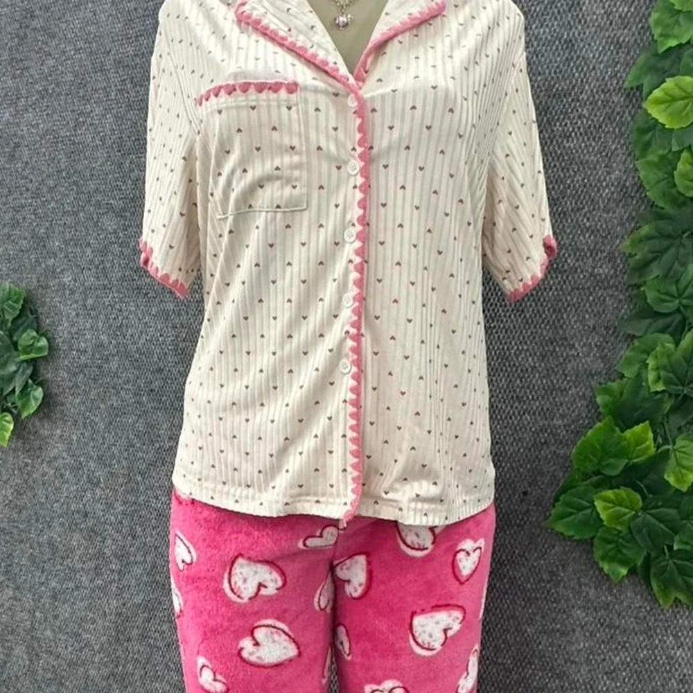 Coquette Pink Heart Ribbed Button Up Pajama Sleep Shirt Women's